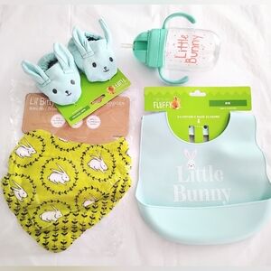 4 - Piece Fluff Little🐇Bunny Bibs and Booties Set - Light 🩵Blue and 💚Lime
